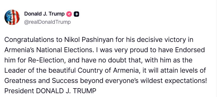Трамп поздравил Пашиняна с убедительной победой на выборах в Армении